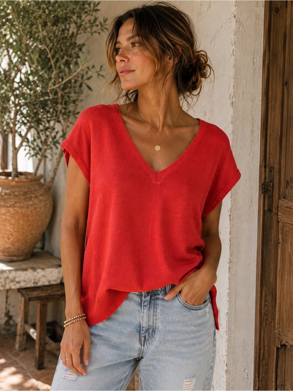 Cynthia Rowley Red V Neck Short Sleeve Lightweight Knit Sweater Top L